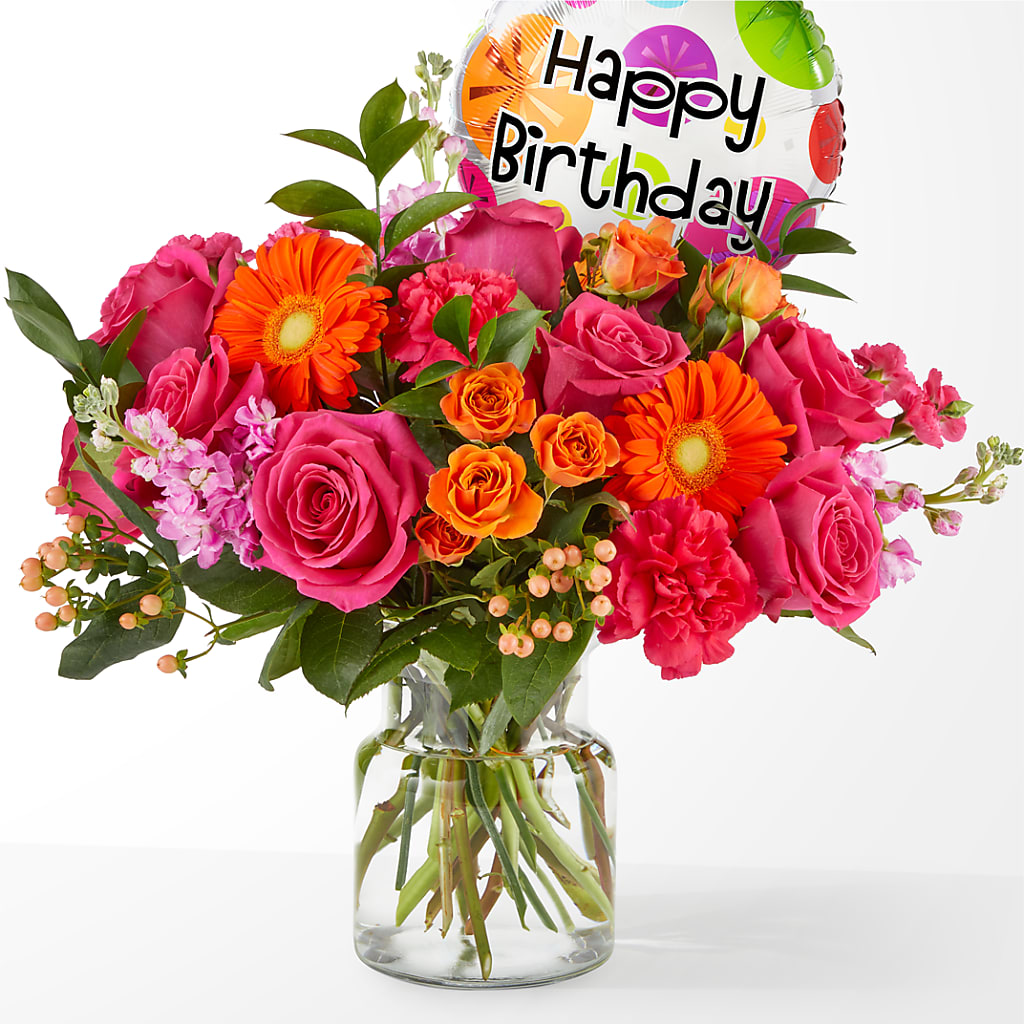 Fiesta Bouquet with Birthday Balloon – Fleuriste Boutique Du Moulin, L'ile-perrot PQ