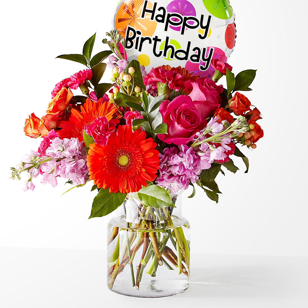 Fiesta Bouquet with Birthday Balloon – Fleuriste Boutique Du Moulin, L'ile-perrot PQ